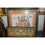 A large Chinese porcelain panel, framed, together with a set of four Chinese bowls, framed and