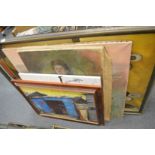 A small group of large oil paintings, some unframed.