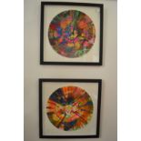 In the manner of Damien Hirst, a pair of spin paintings, framed and glazed.