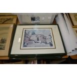 A set of six prints depicting continental landscapes, uniformly framed and glazed.