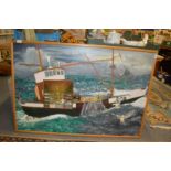 An unusual oil painting on board depicting a trawler at sea.