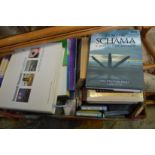 A box of books by Simon Schama and others.