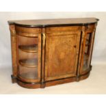 A VERY GOOD VICTORIAN WALNUT CREDENZA, the front with a good inlaid panel door flanked by bow