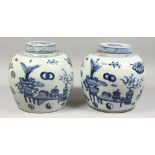 A PAIR OF CHINESE BLUE AND WHITE GINGER JARS AND COVERS. 11ins high.