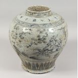 A CHINESE PORCELAIN CRACKLE GLAZE BULBOUS VASE with calligraphy and figures. 14ins high.