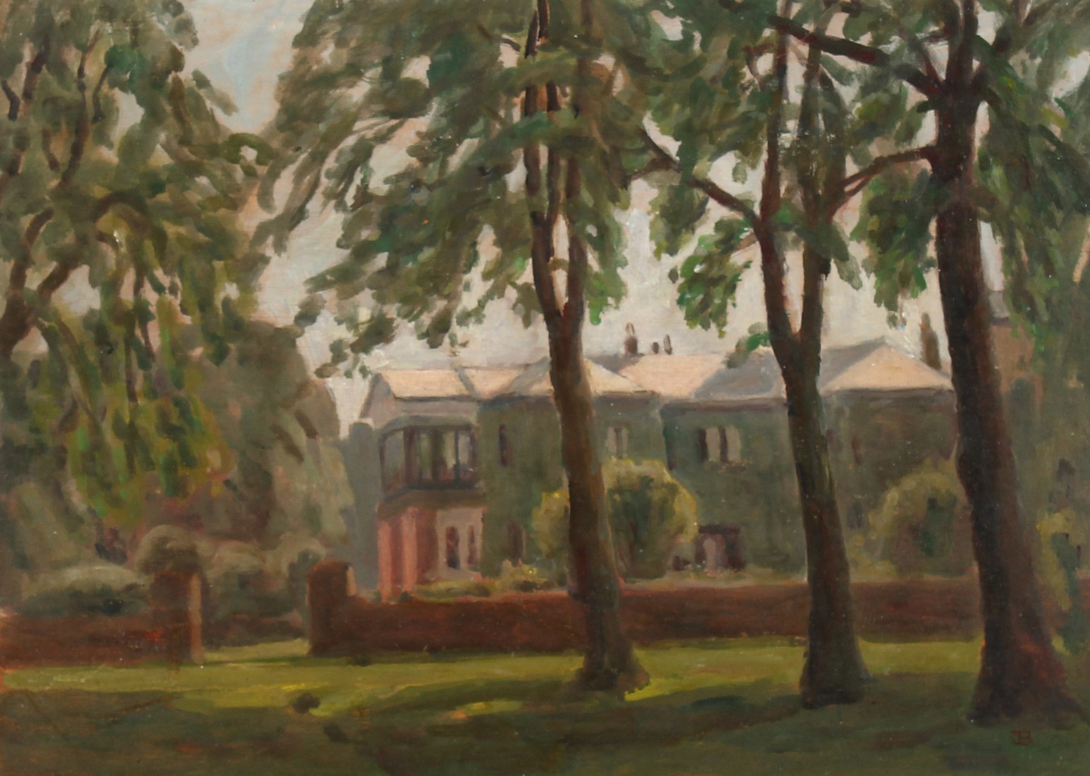 JOHN BROWN A house through the trees. Monogrammed. Oil on panel. 9.5ins x 13.5ins.