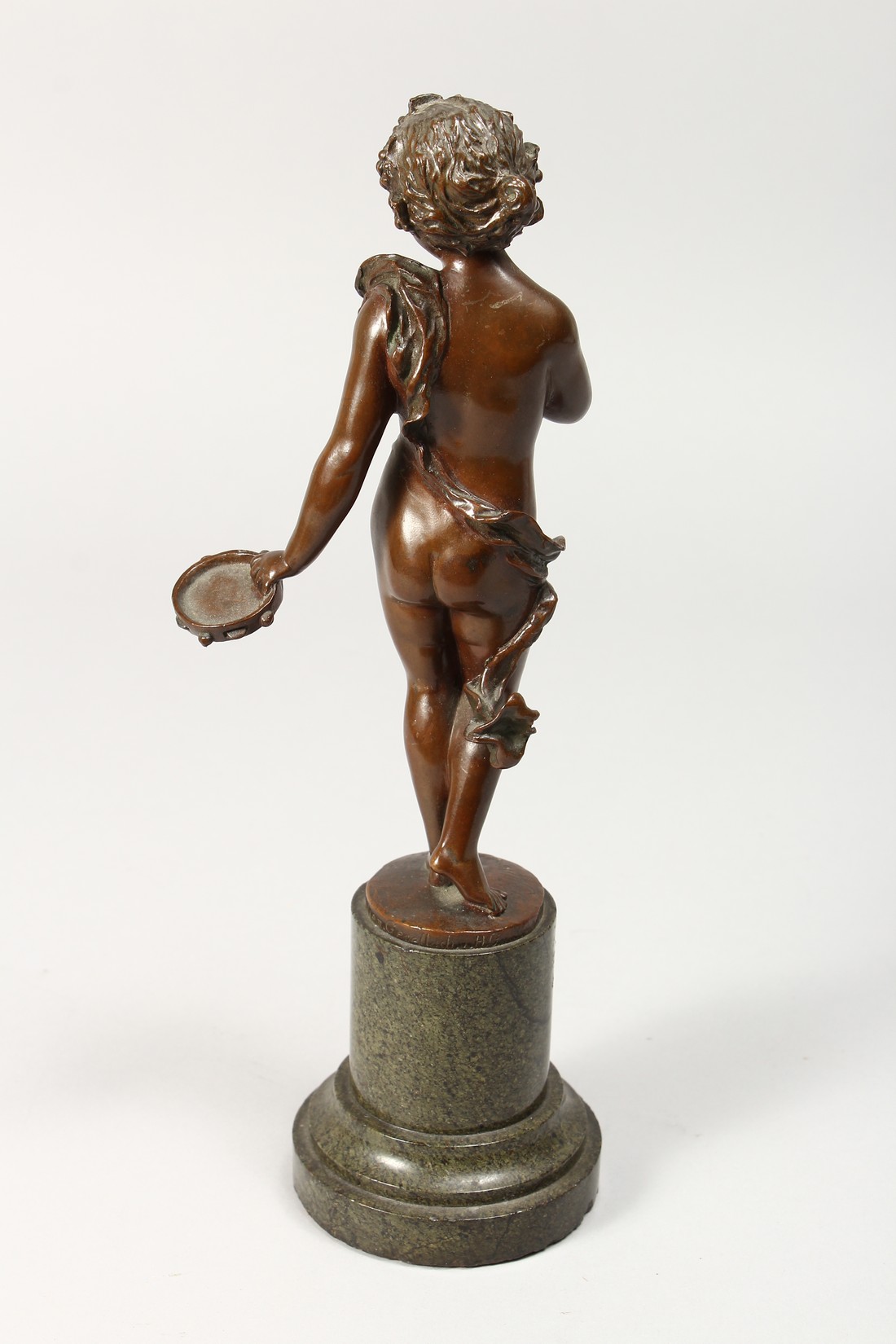 A GOOD BRONZE SEMI NAKED YOUNG GIRL holding a tambourine. Signed, on a marble base. - Image 2 of 2