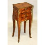 A SMALL 19TH CENTURY FRENCH KINGWOOD AND ORMOLU WORK TABLE, with rising top, two small drawers on