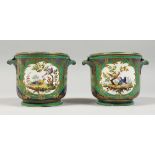 A GOOD SMALL PAIR OF SEVRES JARDINIERES, painted with panels of birch. Sevres mark in blue 4ins