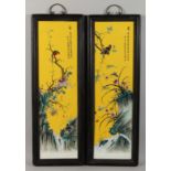 A PAIR OF CHINESE PORCELAIN PLAQUES, yellow ground with birds and flowers. 28ins x 8ins.