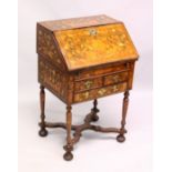A WILLIAM AND MARY DESIGN WALNUT AND FLORAL MARQUETRY SMALL BUREAU ON STAND, the fall flap enclosing