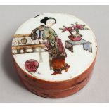 A SMALL CHINESE PORCELAIN CIRCULAR BOX AND COVER. 2.5ins.