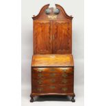 A SUPERB 18TH CENTURY AMERICAN, BOSTON, MAHOGANY, BUREAU BOOKCASE, the top with shaped cornice