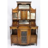 A GOOD EDWARDIAN ROSEWOOD AND MARQUETRY SIDE CABINET, the upper section with a mirrored back, the