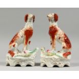 A GOOD PAIR OF STAFFORDSHIRE GAME DOGS with open legs, probably Irish Setters, with dead game at