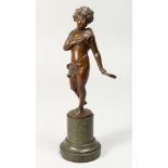 A GOOD BRONZE SEMI NAKED YOUNG GIRL holding a tambourine. Signed, on a marble base.