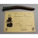 A HISTORICAL BRASS BOLT, 9.5ins long, removed from HMS Victory during restoration. Sold with