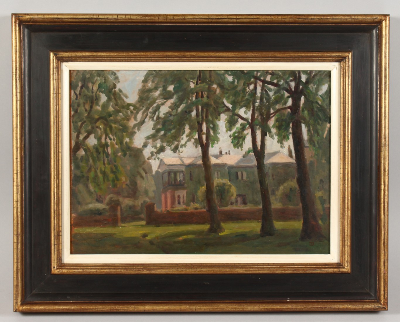JOHN BROWN A house through the trees. Monogrammed. Oil on panel. 9.5ins x 13.5ins. - Image 2 of 3