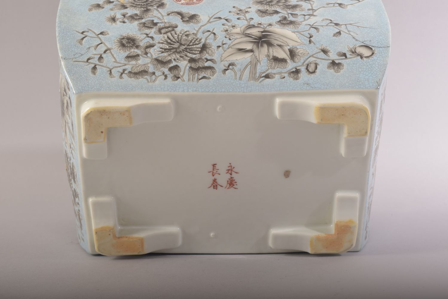 A CHINESE BLUE GROUND RECTANGULAR PORCELAIN PLANTER, decorated with flowers in grey and script, four - Image 6 of 8
