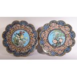 A PAIR OF JAPANESE FLOWER SHAPED CLOISONNE DISHES, decorated with native flora, stylised floral