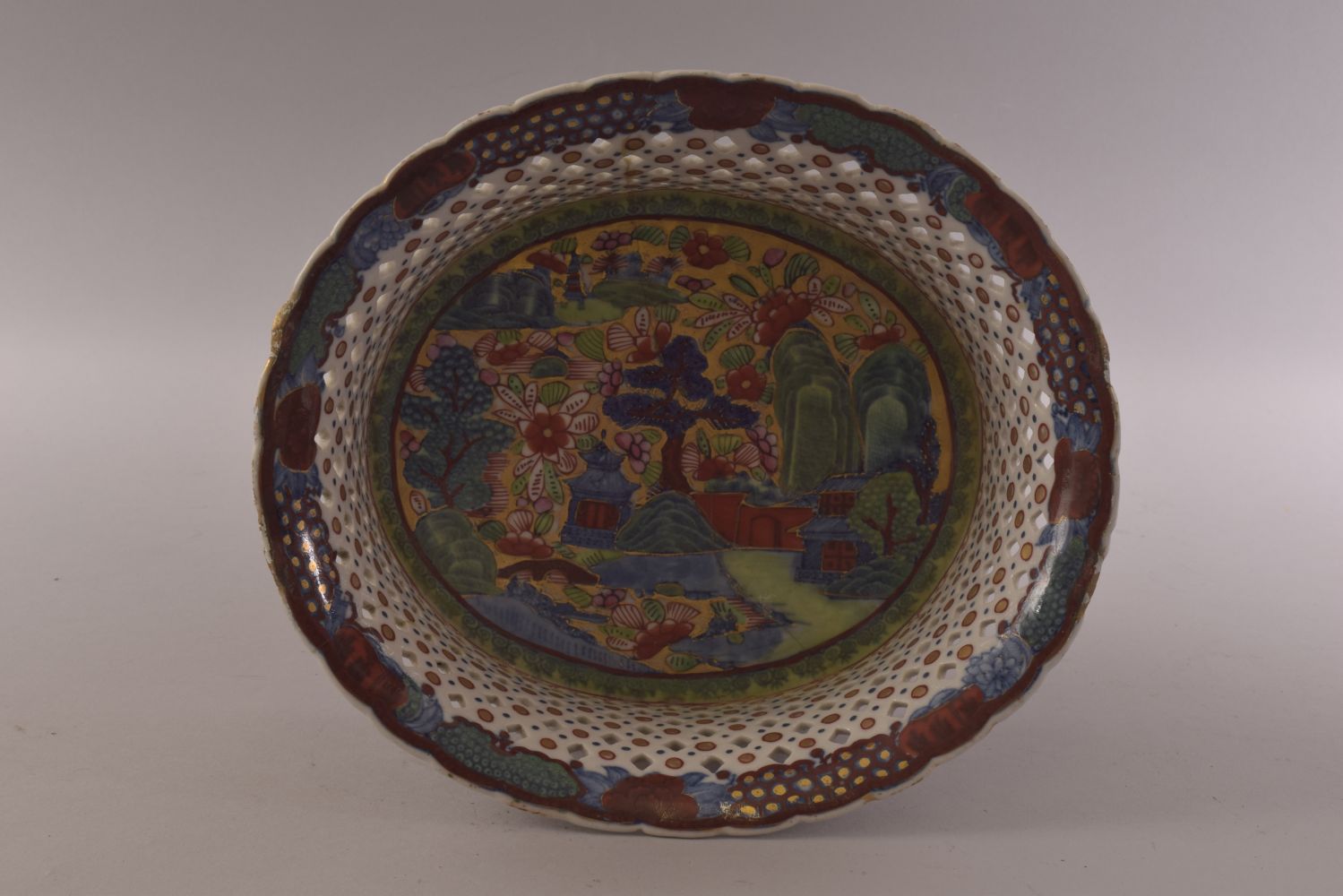 A 19TH CENTURY CHINESE OVAL PIERCED 'CLOBBERED' PORCELAIN BASKET, painted with a landscape, mark - Image 2 of 7