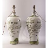 A GOOD PAIR OF CHINESE FAMILLE VERTE PORCELAIN VASE LAMPS, undrilled, painted with birds amongst