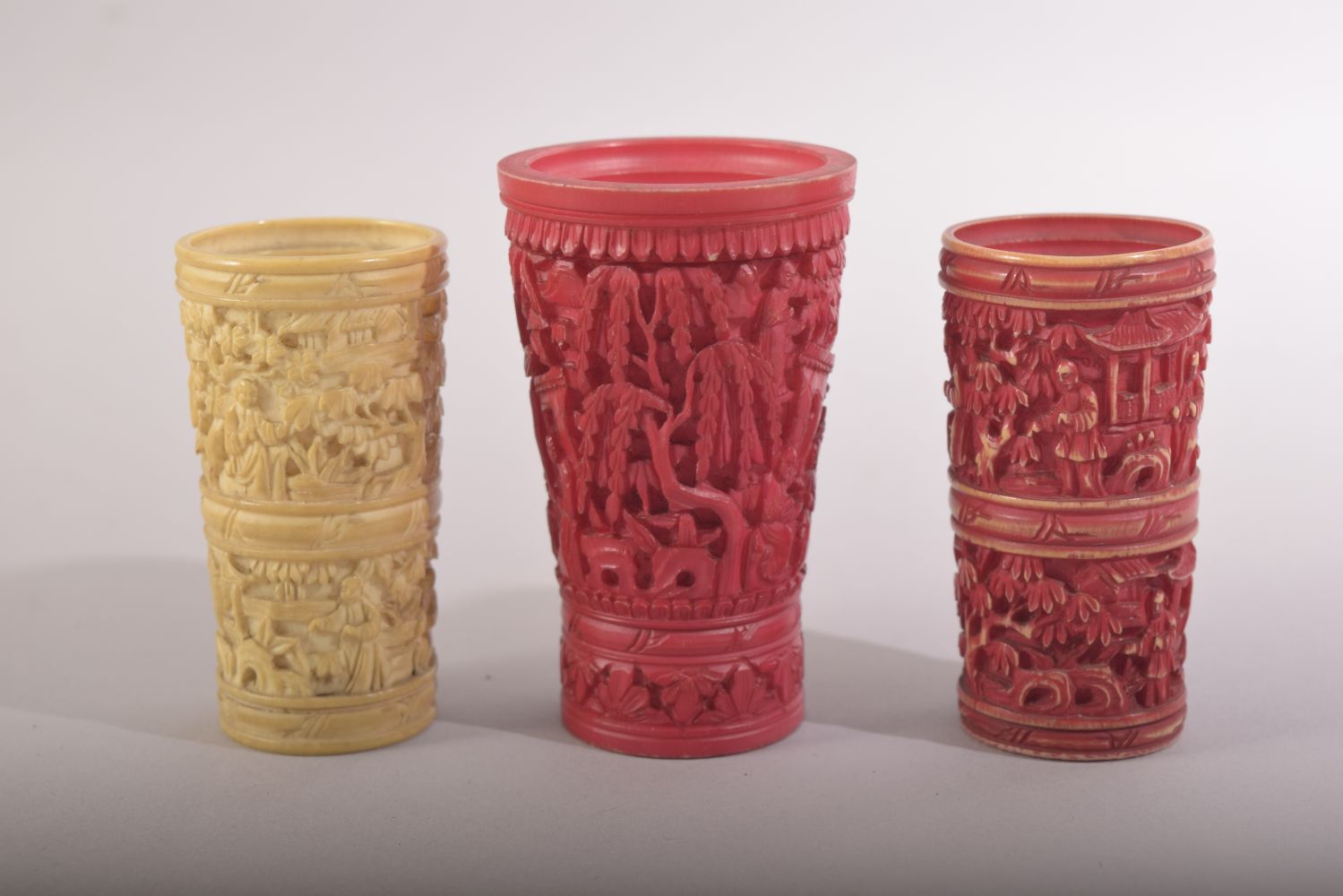THREE CHINESE CANTON CARVED IVORY CUPS / DICE SHAKERS, largest 7cm high. - Image 3 of 5