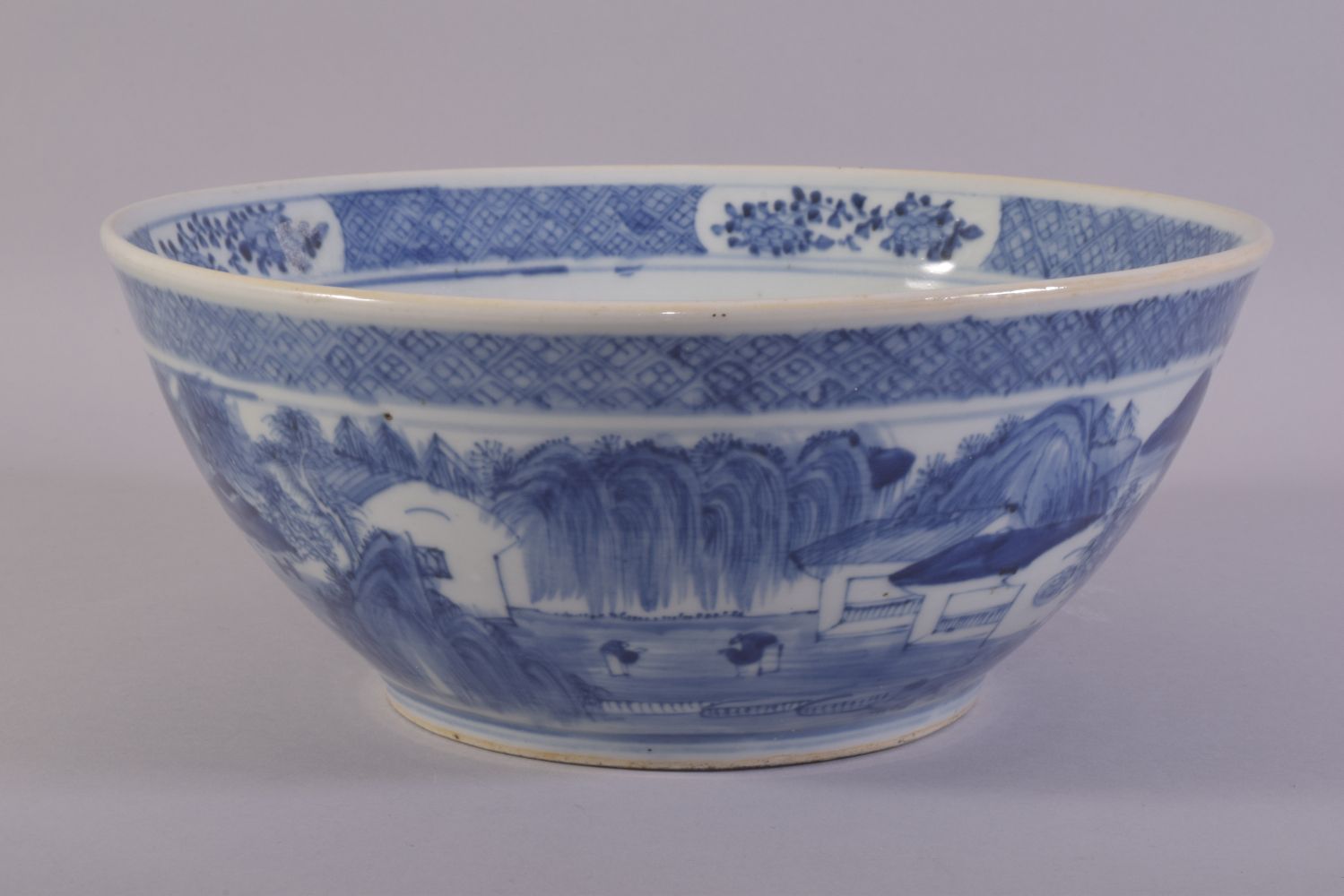 A LARGE CHINESE BLUE AND WHITE PORCELAIN BOWL, decorated with a landscape including figures, - Image 4 of 6