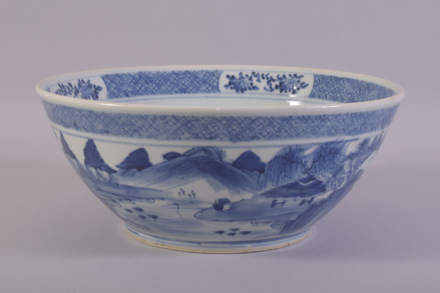 A LARGE CHINESE BLUE AND WHITE PORCELAIN BOWL, decorated with a landscape including figures, - Image 3 of 6