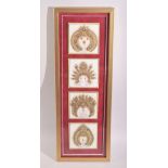 A SET OF FOUR TANJORE RAJASTHAN PAINTED MARBLE TILES, painted in gold and overlaid with semi-