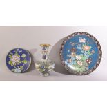 THREE JAPANESE CLOISONNE ITEMS, comprising a vase, a dish and a smaller dish, various sizes (3).