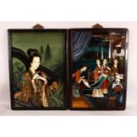 A PAIR OF CHINESE REVERSE PAINTED GLASS PAINTINGS - each depicting Chinese beauties - ladies in an