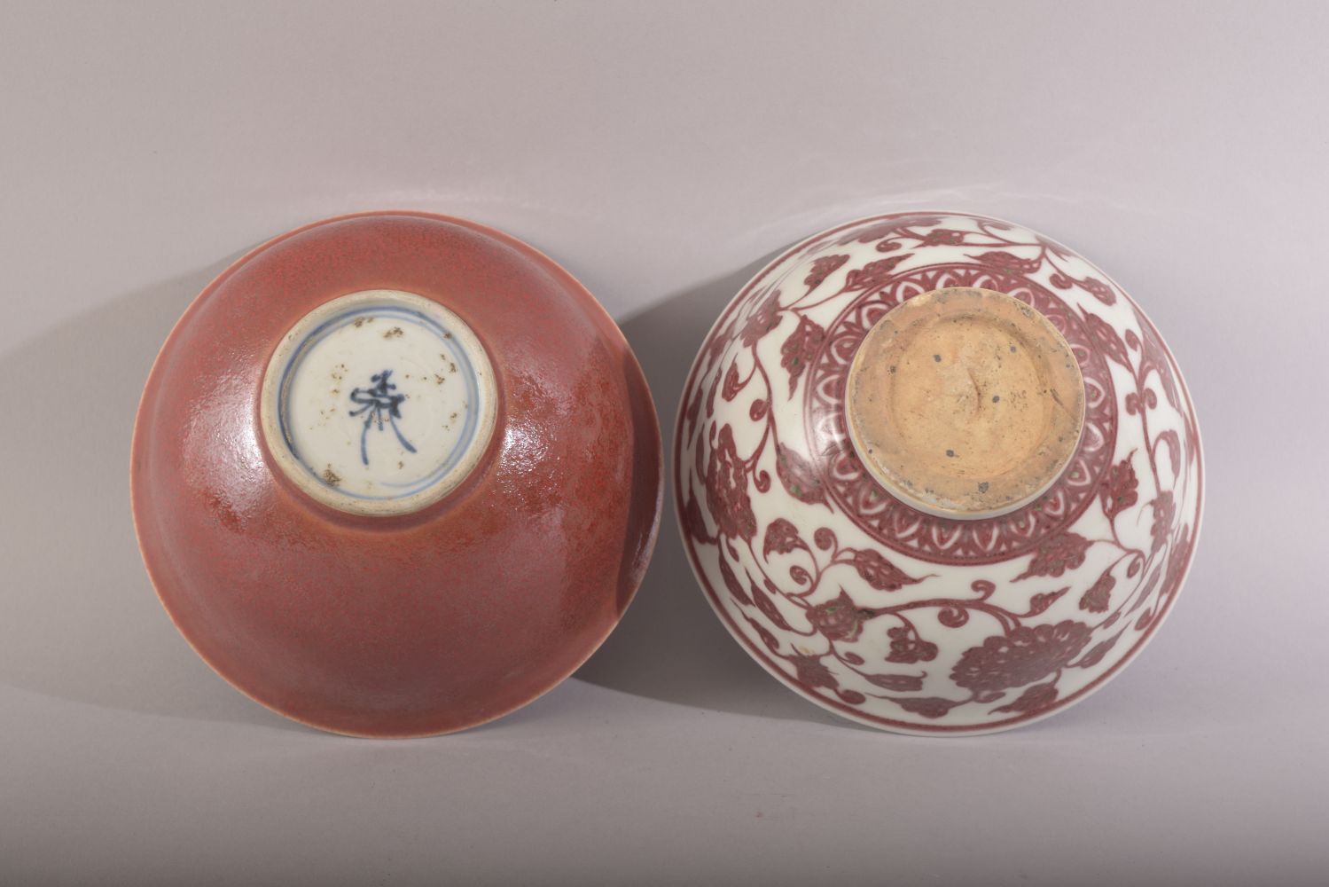 TWO CHINESE PORCELAIN BOWLS, one with red and white floral decoration, the other with red - Image 6 of 7