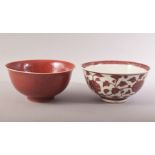 TWO CHINESE PORCELAIN BOWLS, one with red and white floral decoration, the other with red