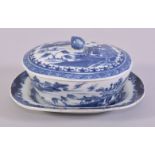 A CHINESE BLUE AND WHITE PORCELAIN BUTTER DISH AND SAUCER, painted with landscape scenes, the