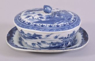 A CHINESE BLUE AND WHITE PORCELAIN BUTTER DISH AND SAUCER, painted with landscape scenes, the