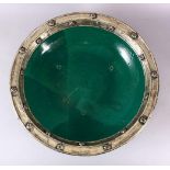 AN EARLY EASTERN GREEN GLAZED & WHITE METAL LARGE POTTERY DISH, the large dish glazed with a green