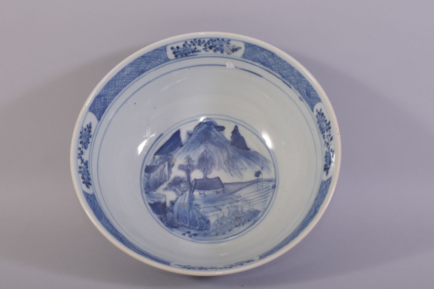 A LARGE CHINESE BLUE AND WHITE PORCELAIN BOWL, decorated with a landscape including figures, - Image 5 of 6