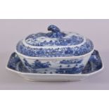 A SMALL CHINESE BLUE AND WHITE PORCELAIN TUREEN AND TRAY, decorated with landscape scenes all over