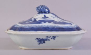 A CHINESE BLUE AND WHITE PORCELAIN TUREEN AND COVER, decorated with landscape scenes of buildings