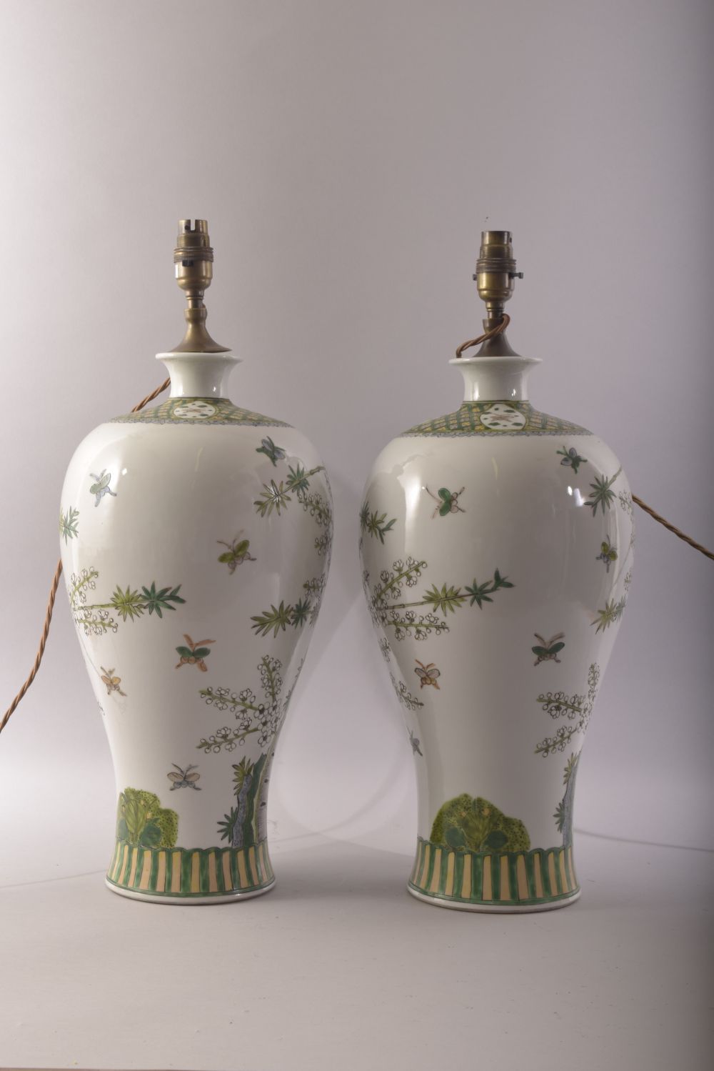 A GOOD PAIR OF CHINESE FAMILLE VERTE PORCELAIN VASE LAMPS, undrilled, painted with birds amongst - Image 4 of 6