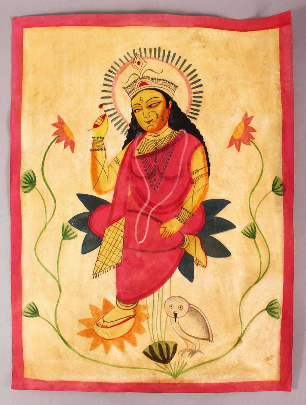 AN INDIAN KALIGHAT SCHOOL PAINTING OF GODDESS LAKSHMI on paper, 1920s, unframed, 50cm x 38cm.