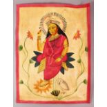 AN INDIAN KALIGHAT SCHOOL PAINTING OF GODDESS LAKSHMI on paper, 1920s, unframed, 50cm x 38cm.