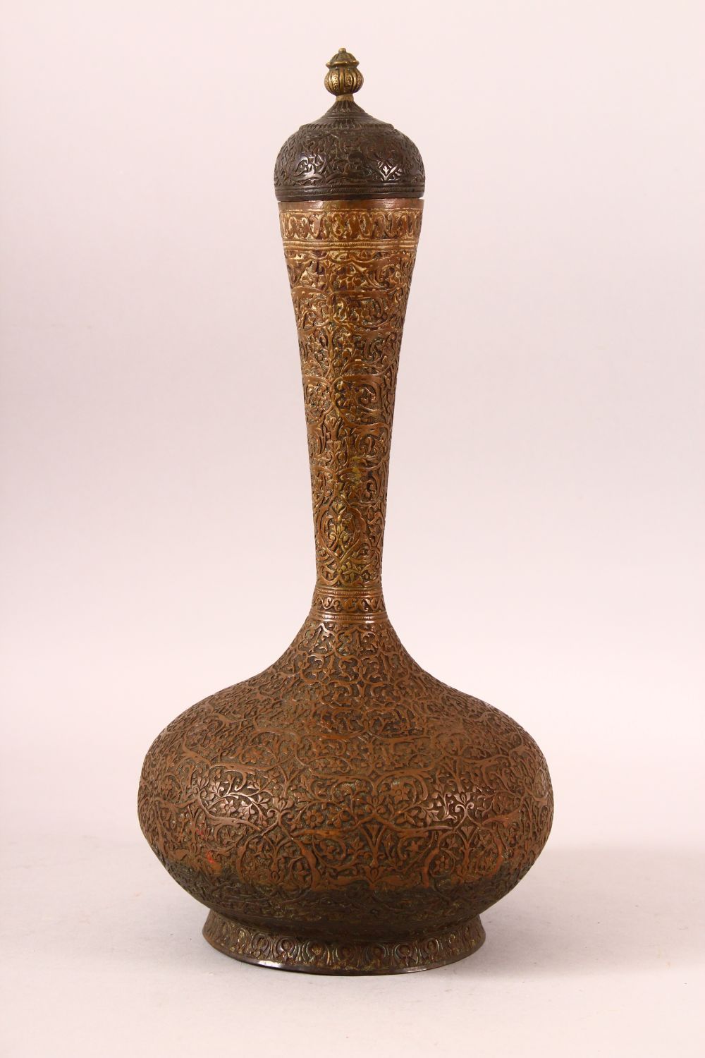 A LARGE 18TH/19TH CENTURY LIDDED COPPER SURAHI BOTTLE, with chased foliate decoration all over, 39cm - Image 3 of 7