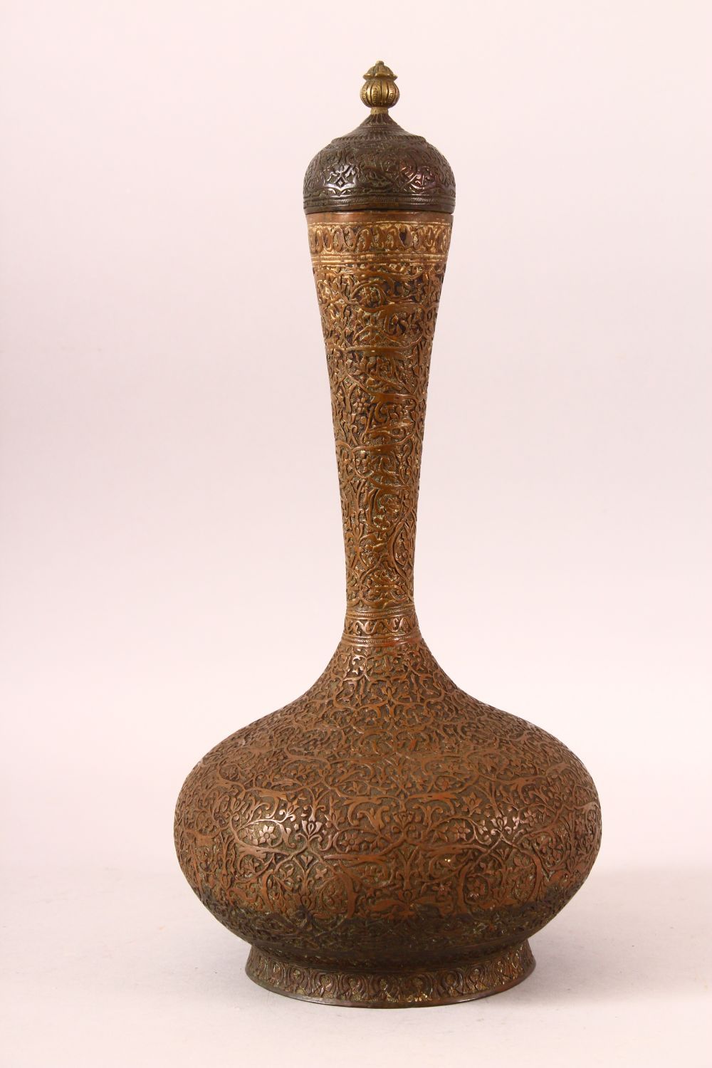 A LARGE 18TH/19TH CENTURY LIDDED COPPER SURAHI BOTTLE, with chased foliate decoration all over, 39cm - Image 2 of 7