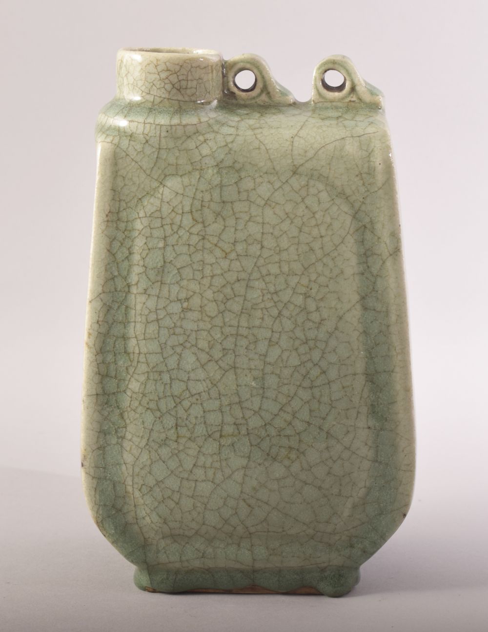 A CHINESE CELADON CRACKLE GLAZED WATER FLASK, 22cm high.