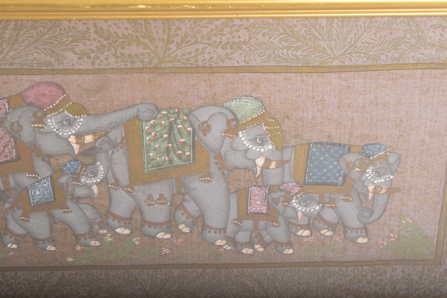 AN INDIAN PAINTING OF ELEPHANTS ON SILK, framed and glazed, 23cm x 53cm. - Image 3 of 4