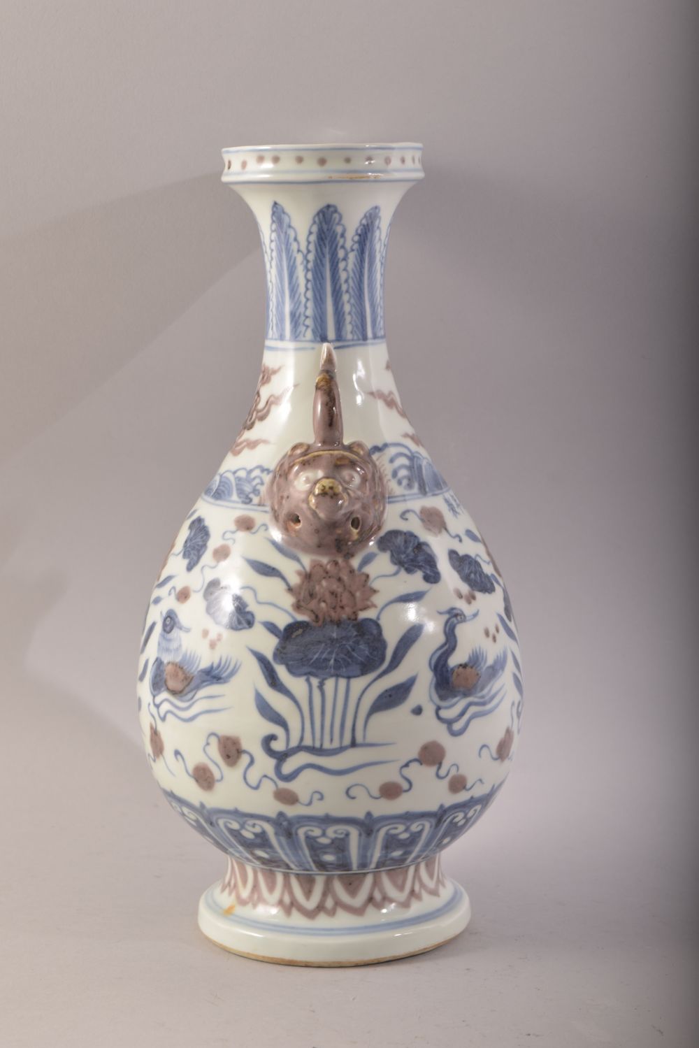 A CHINESE BLUE, WHITE & IRON RED TWIN HANDLE PORCELAIN VASE - th body decorated with duck and lotus, - Image 4 of 5