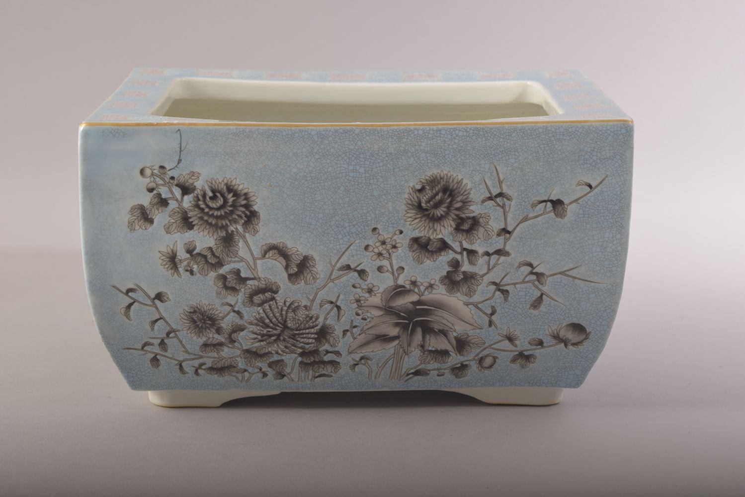 A CHINESE BLUE GROUND RECTANGULAR PORCELAIN PLANTER, decorated with flowers in grey and script, four - Image 3 of 8