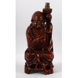 A CHINESE CARVED HARDWOOD FIGURE OF SHOU LAO - as a lamp - 42cm